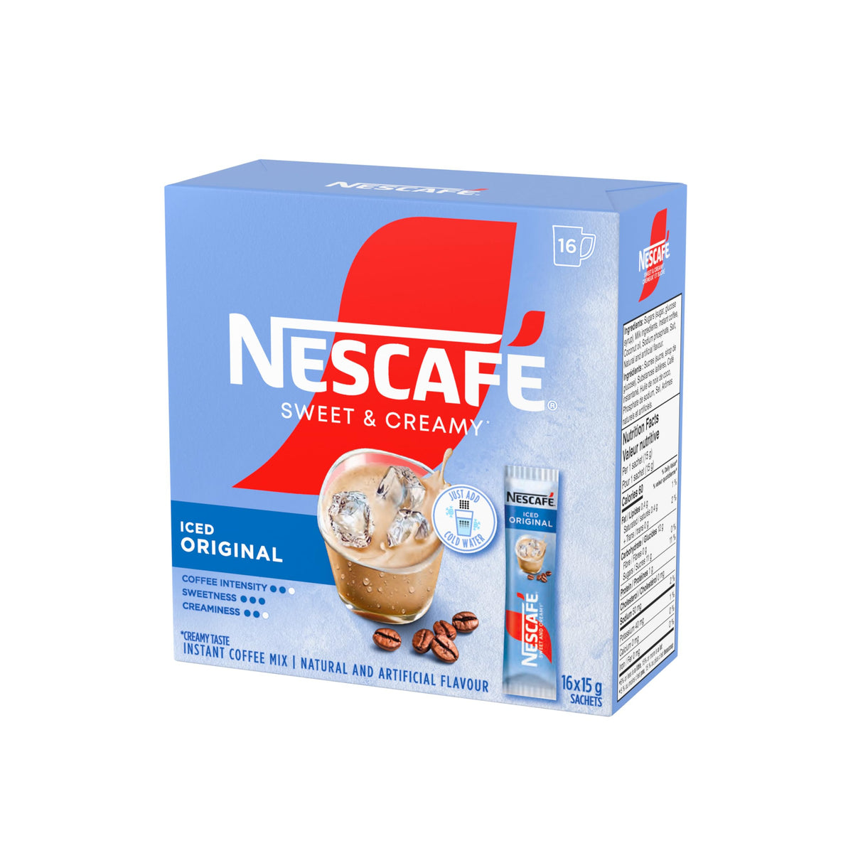 NESCAFÉ Sweet & Creamy iced coffee in a glass with ice for a refreshing cold cup.