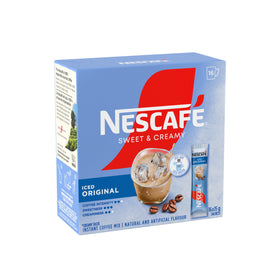 NESCAFÉ Sweet & Creamy iced coffee sachets dissolving in a cup for convenience.