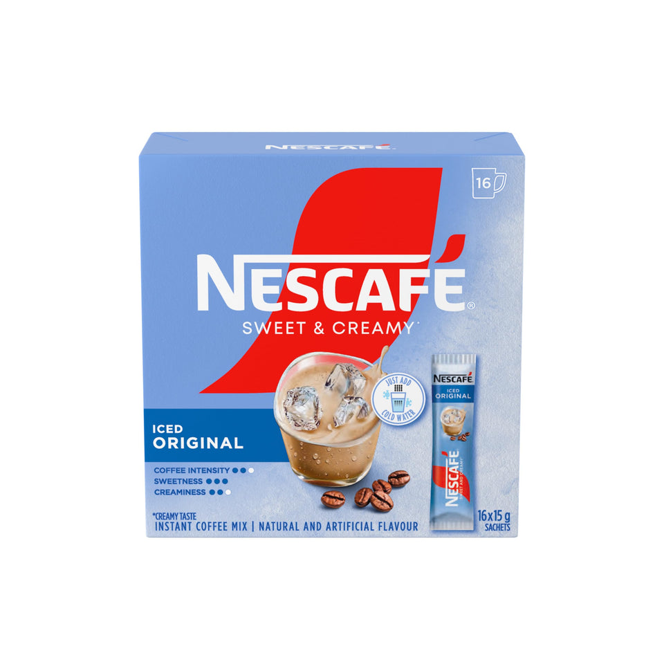 NESCAFÉ Sweet & Creamy iced coffee sachets pack for quick refreshment.