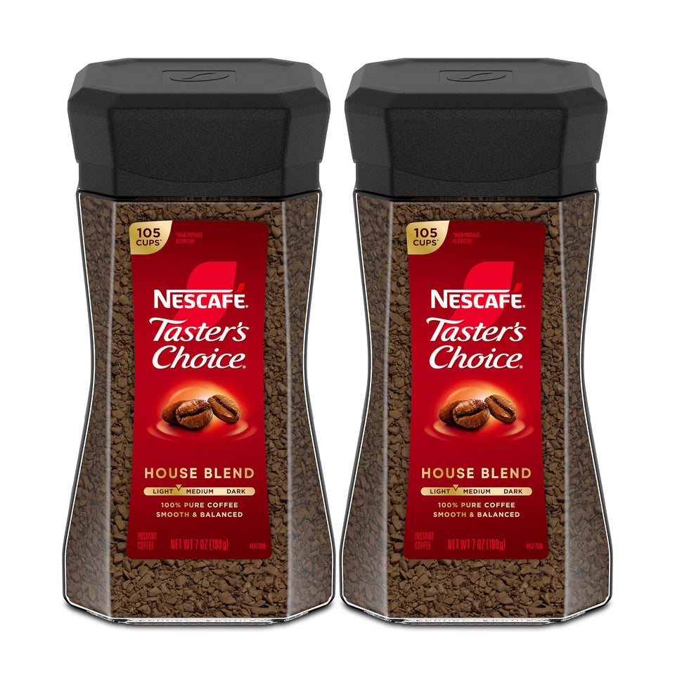 NESCAFÉ Taster's Choice House Blend jar front shows premium aroma for a quick morning cup