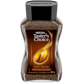 NESCAFÉ Taster's Choice Classic canister on kitchen shelf for a quick, comforting morning cup.