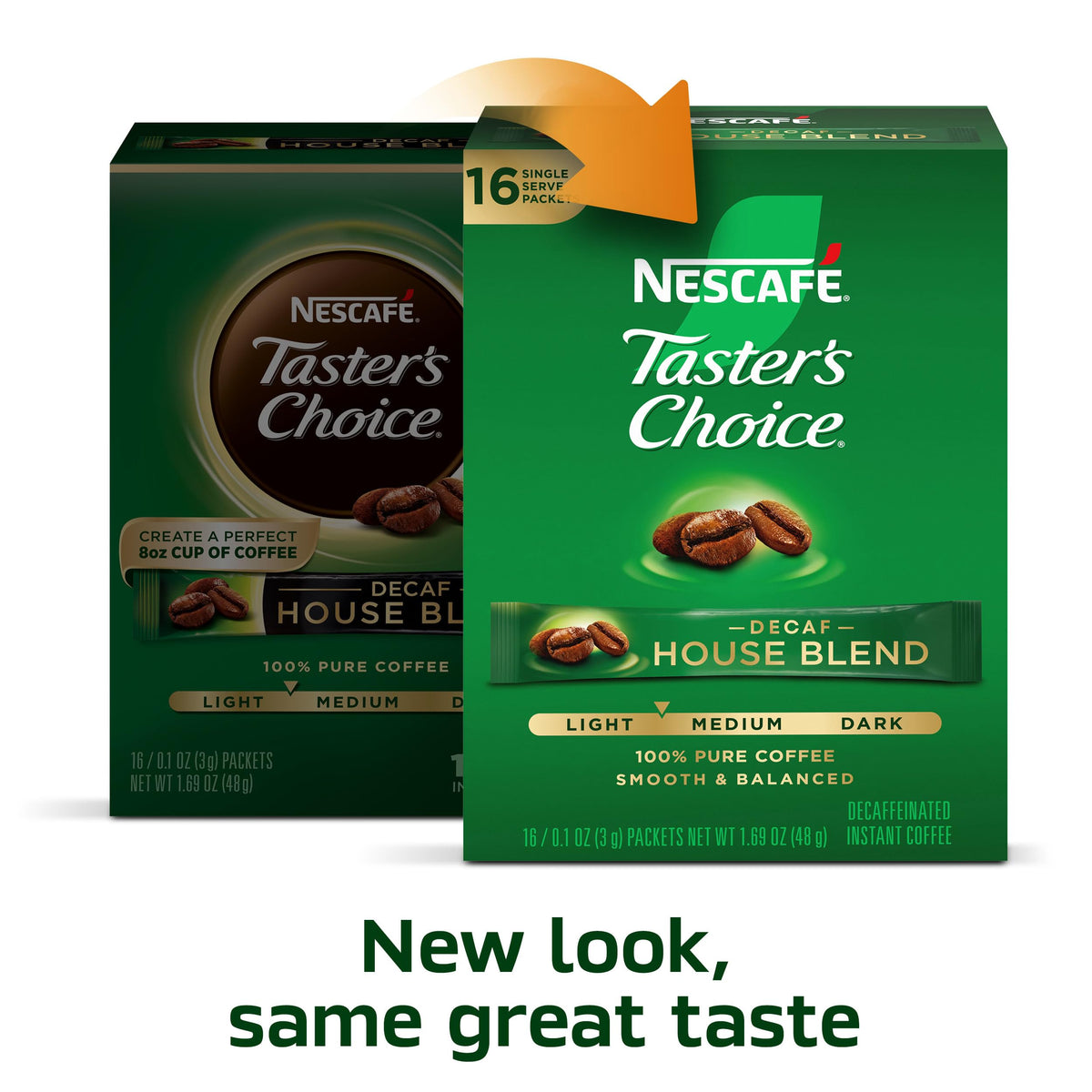 Stacked NESCAFÉ Taster's Choice Decaf House Blend boxes on a shelf
