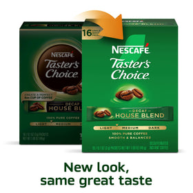 Stacked NESCAFÉ Taster's Choice Decaf House Blend boxes on a shelf