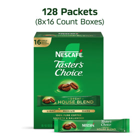 Close-up of NESCAFÉ Taster's Choice Decaf House Blend label highlighting convenience