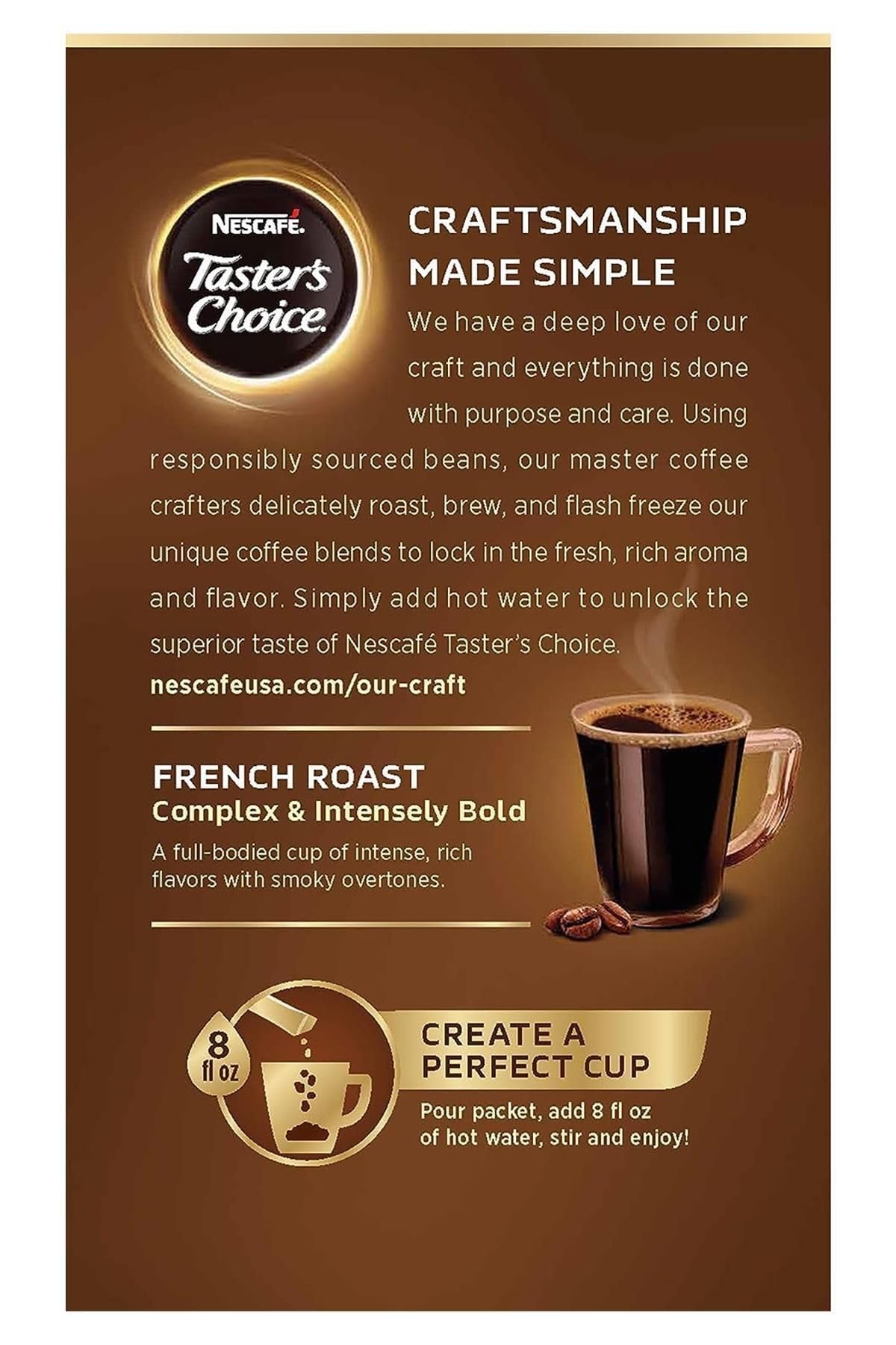 Nescafe Taster's Choice French Roast stick close-up showing bold aroma when brewed.
