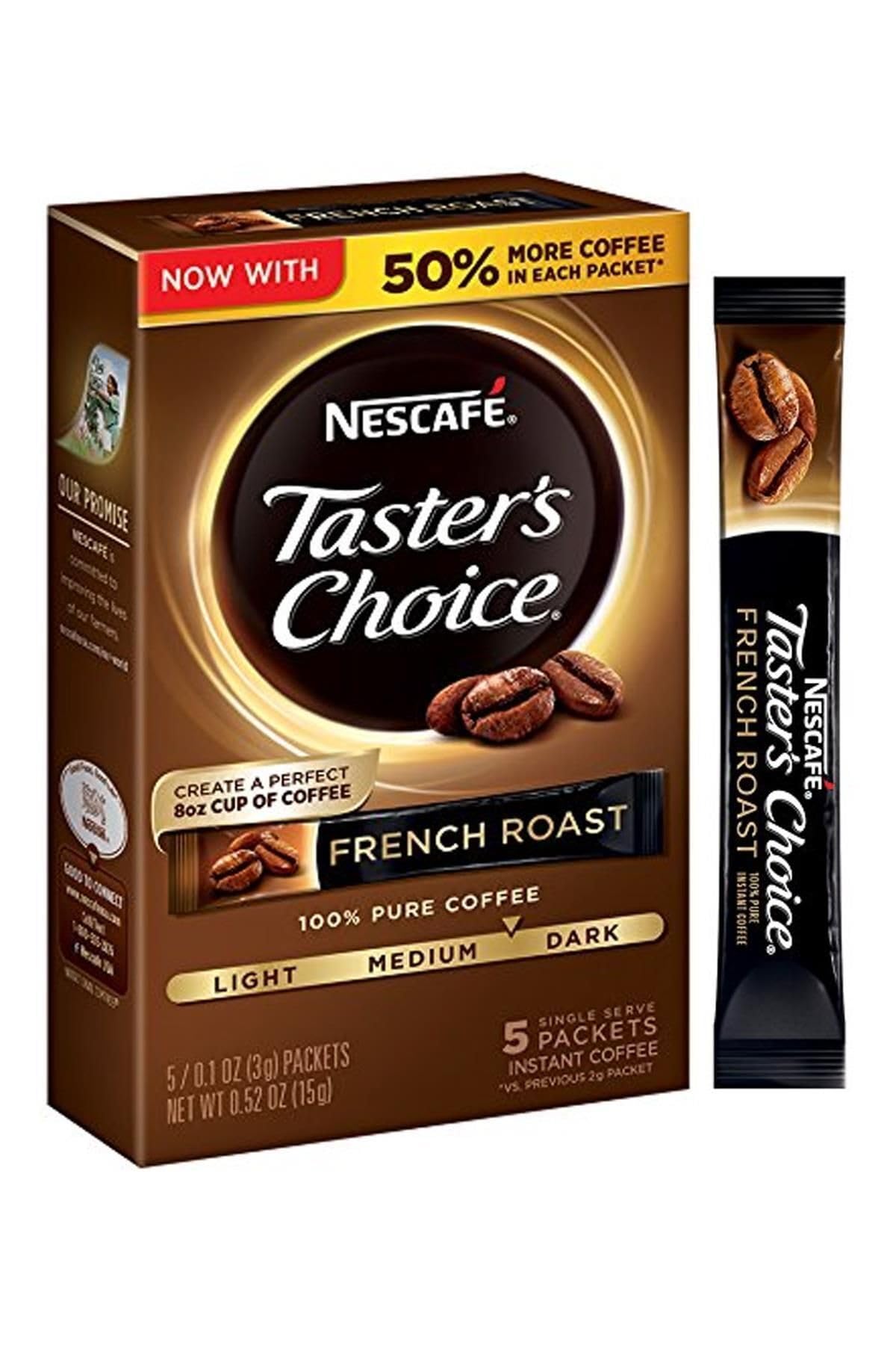 Nescafe Taster's Choice French Roast stick pack ready to brew a quick, flavorful cup.