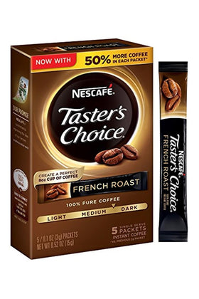 Nescafe Taster's Choice French Roast stick pack ready to brew a quick, flavorful cup.