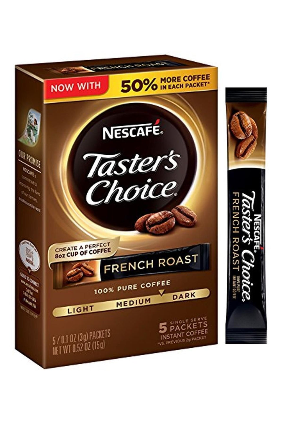 Nescafe Taster's Choice French Roast stick pack ready to brew a quick, flavorful cup.