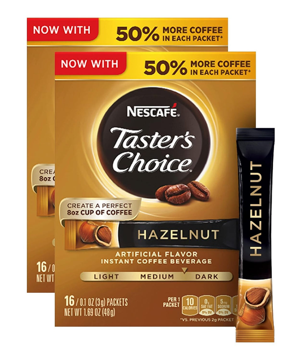 NESCAFÉ Taster's Choice Hazelnut box with packets for quick mornings.