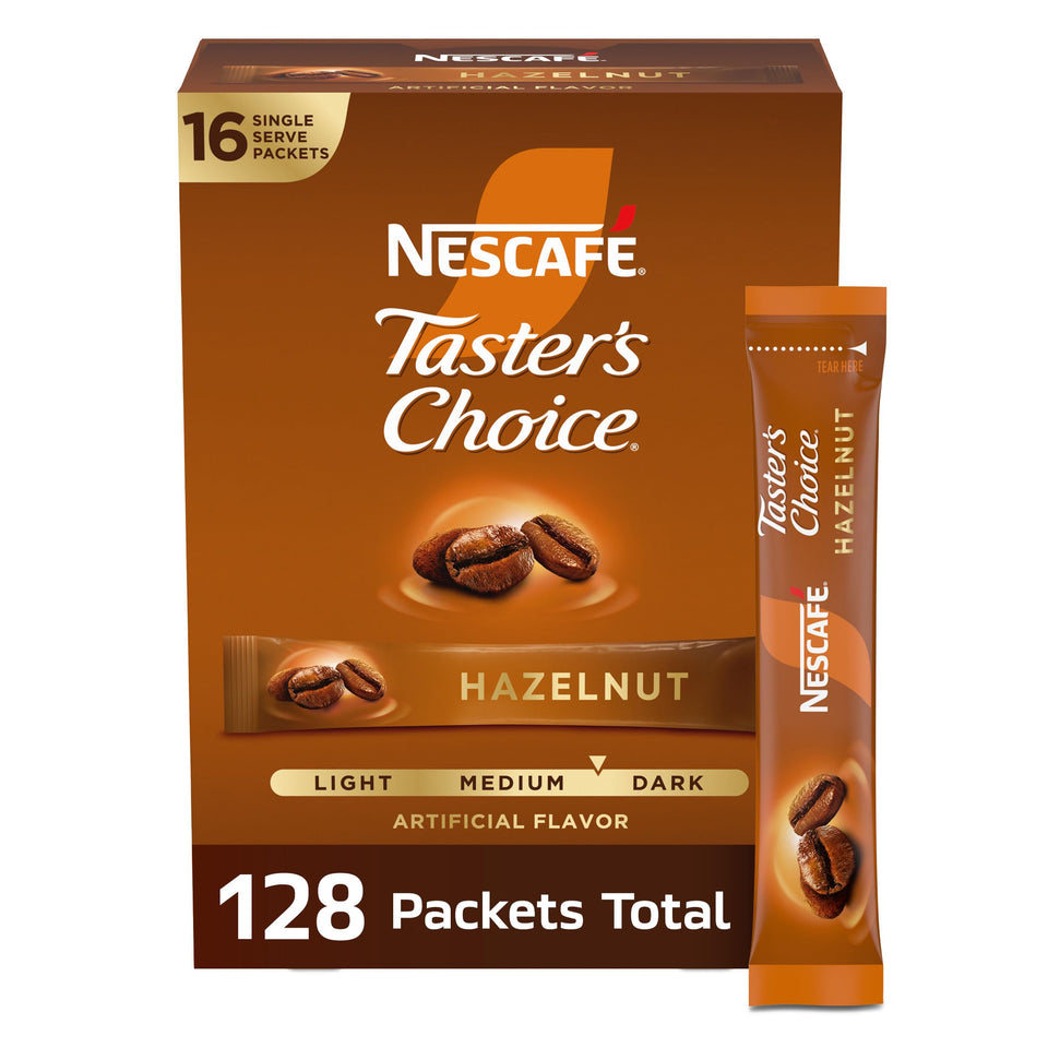 NESCAFÉ Taster's Choice hazelnut coffee packets for quick, flavorful mornings.