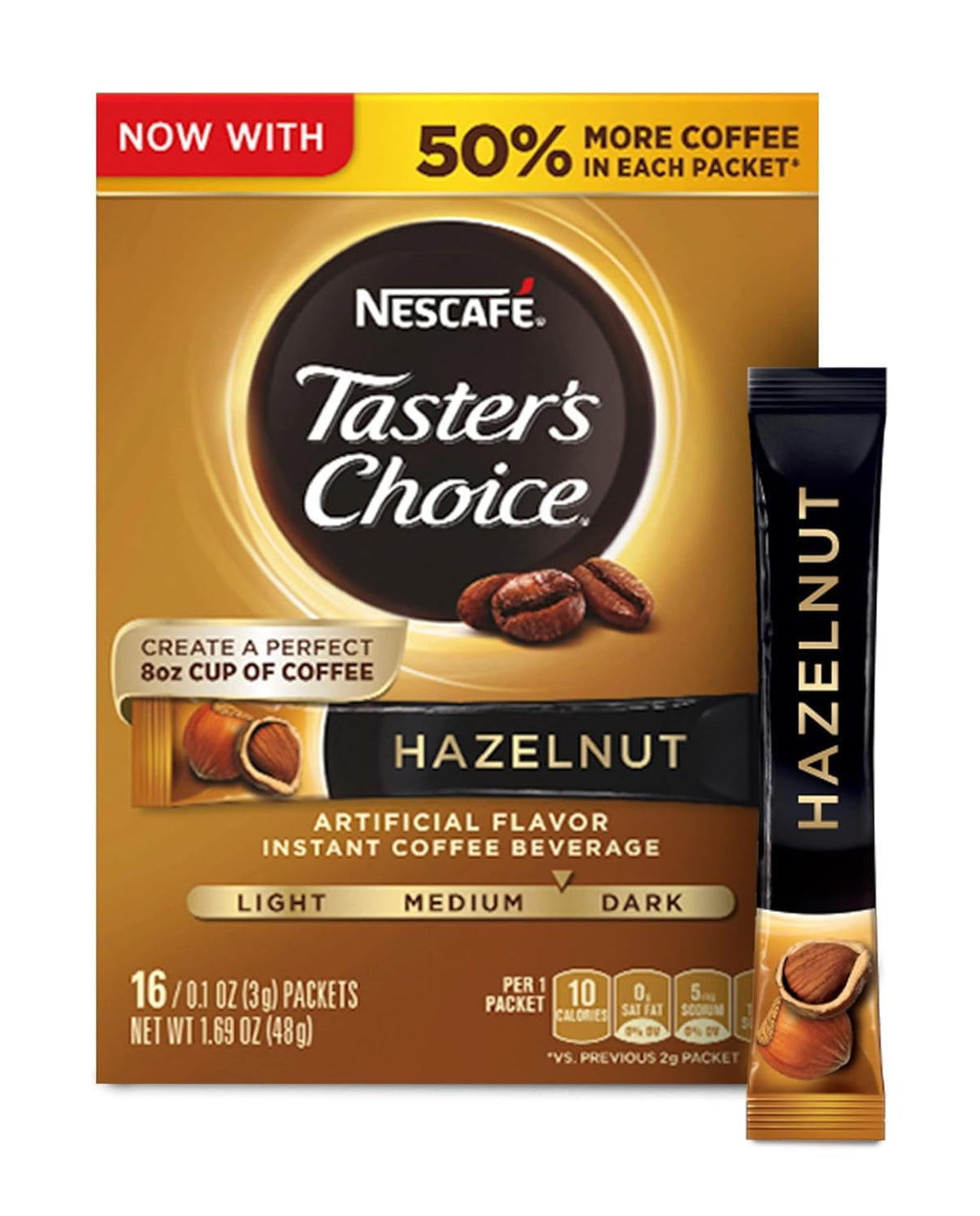 Closeup of a hazelnut packet from NESCAFÉ Taster's Choice Hazelnut.