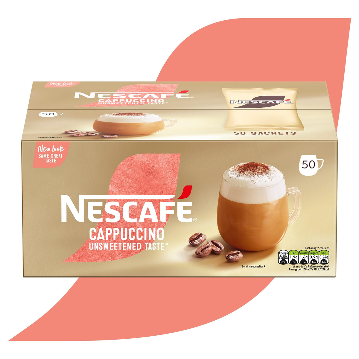 NESCAFE unsweet cappuccino sachets lined up for fast morning preparation
