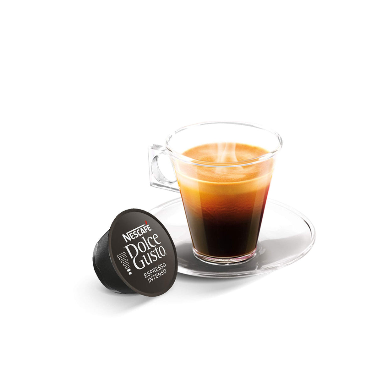Nescafé Dolce Gusto Espresso Intenso capsules beside a Dolce Gusto machine