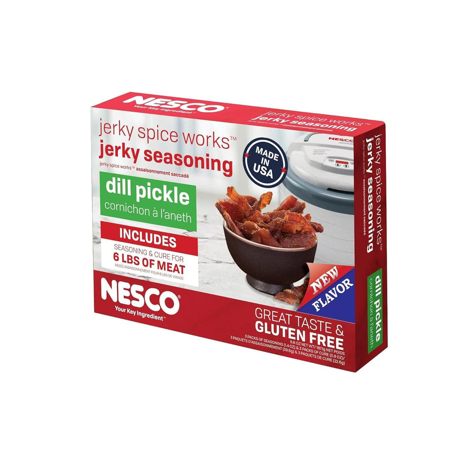 NESCO Dill Pickle Jerky Seasoning box showing the 3-pack kit for home jerky