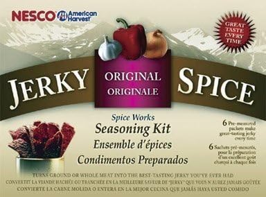 Nesco BJT-6 jerky seasoning next to a dehydrator.