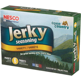 NESCO BJV-6 packets arranged showing three flavors for versatile home jerky