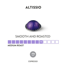 Nespresso Altissio capsules beside a crema-topped cup for bold flavor.