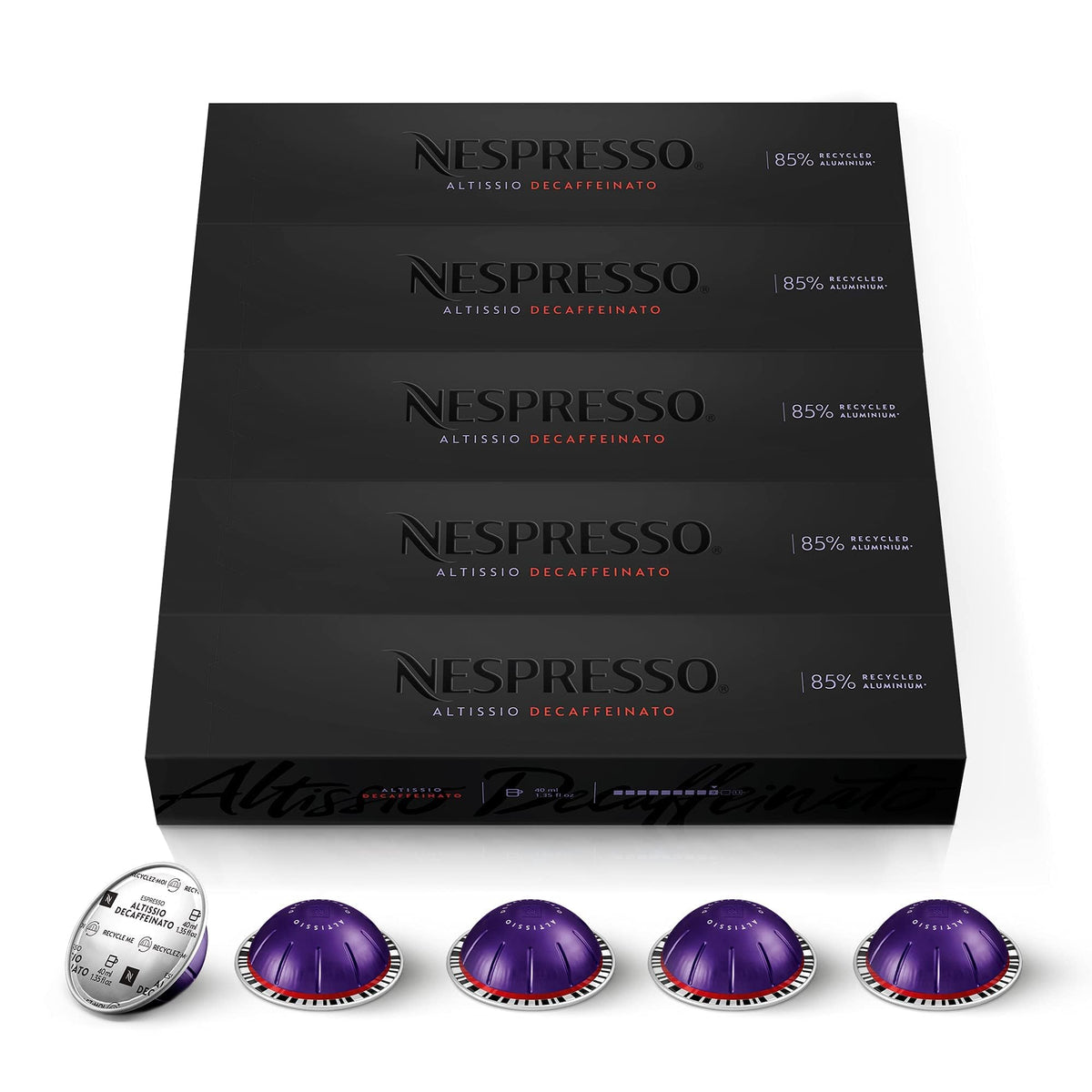 Nespresso Altissio Decaffeinato pod with creamy crema for bold decaf espresso.
