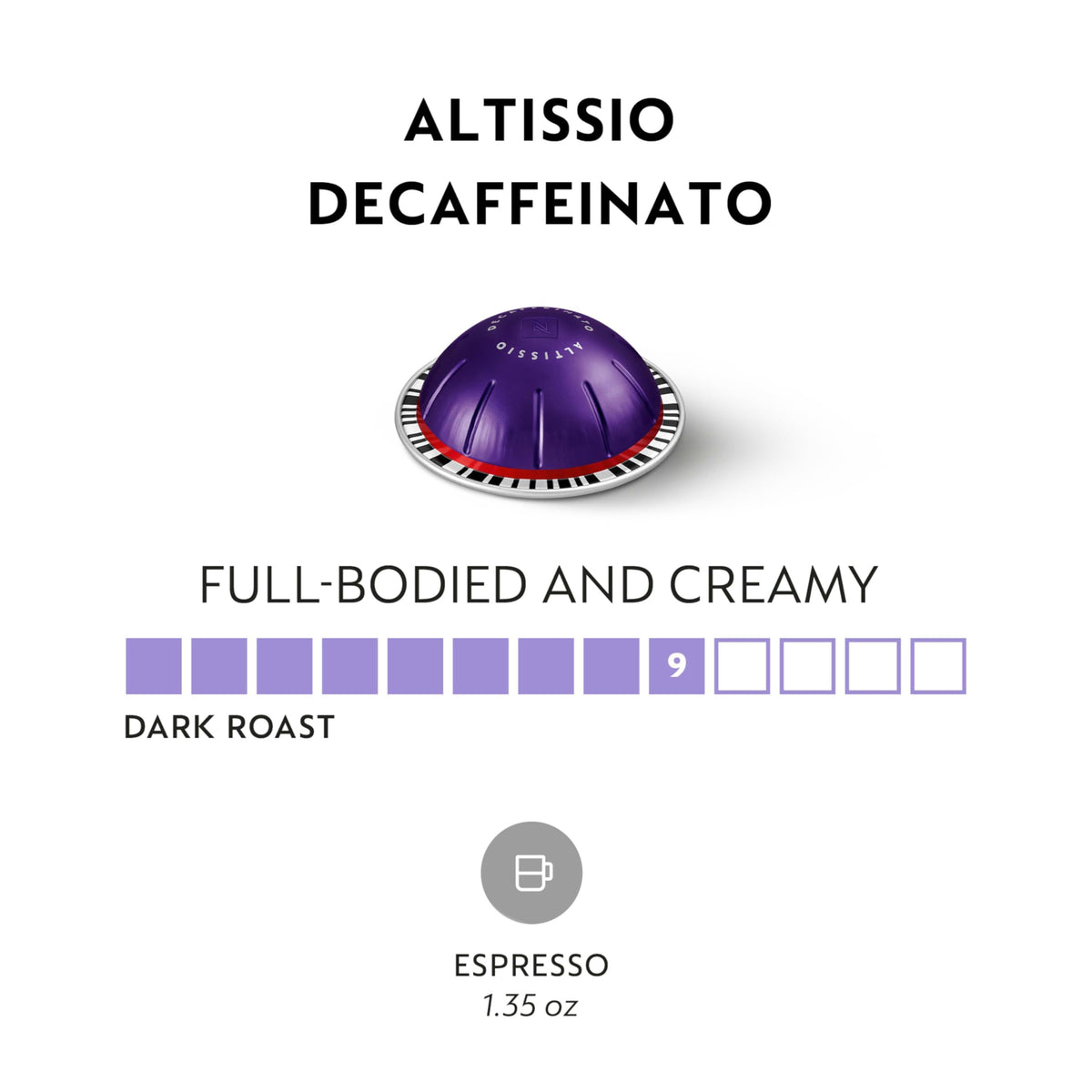 Nespresso Altissio Decaffeinato pod highlights a dark roast profile.