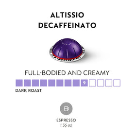 Nespresso Altissio Decaffeinato pod highlights a dark roast profile.
