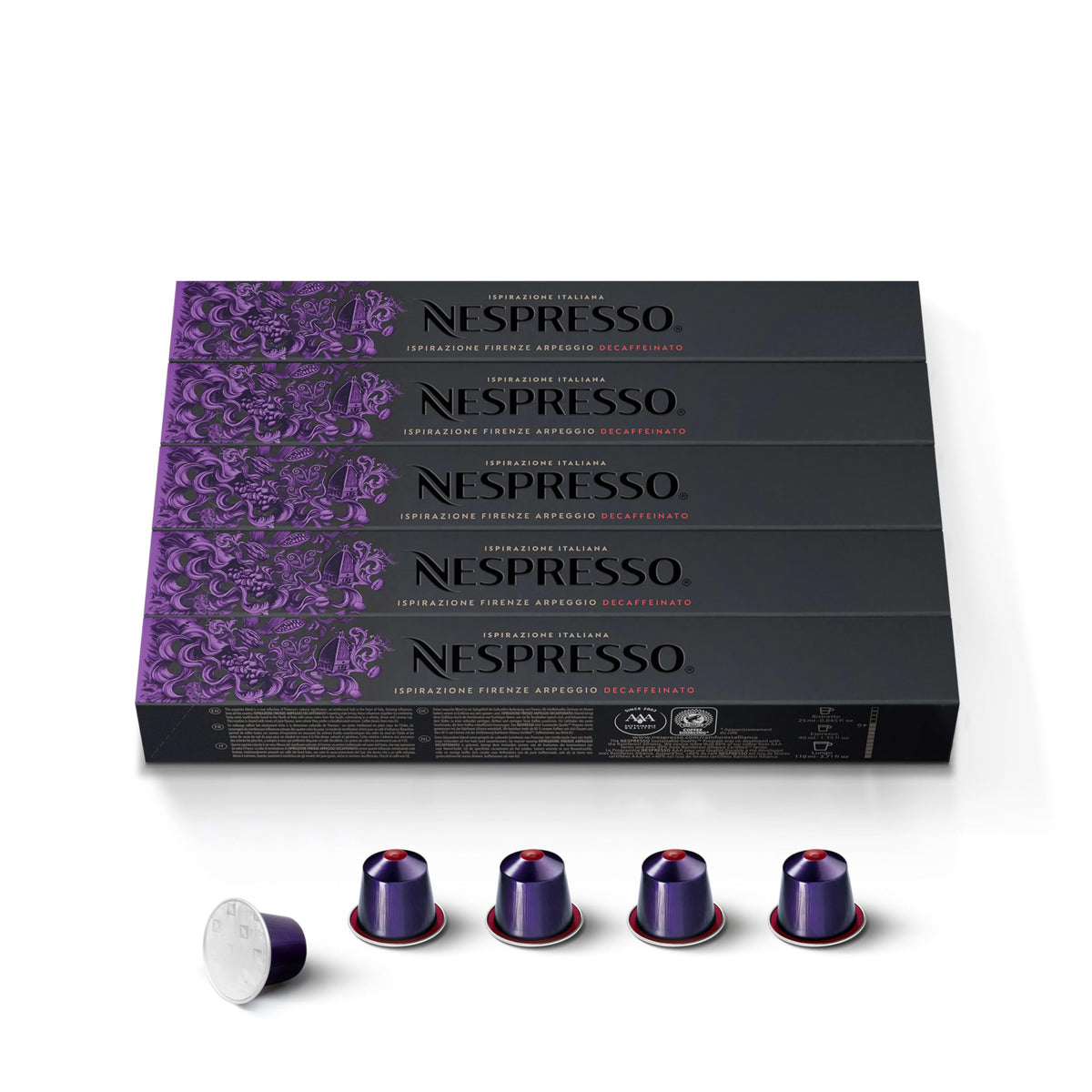 Nespresso Arpeggio Decaffeinato packaging with 50 capsules for easy daily brewing