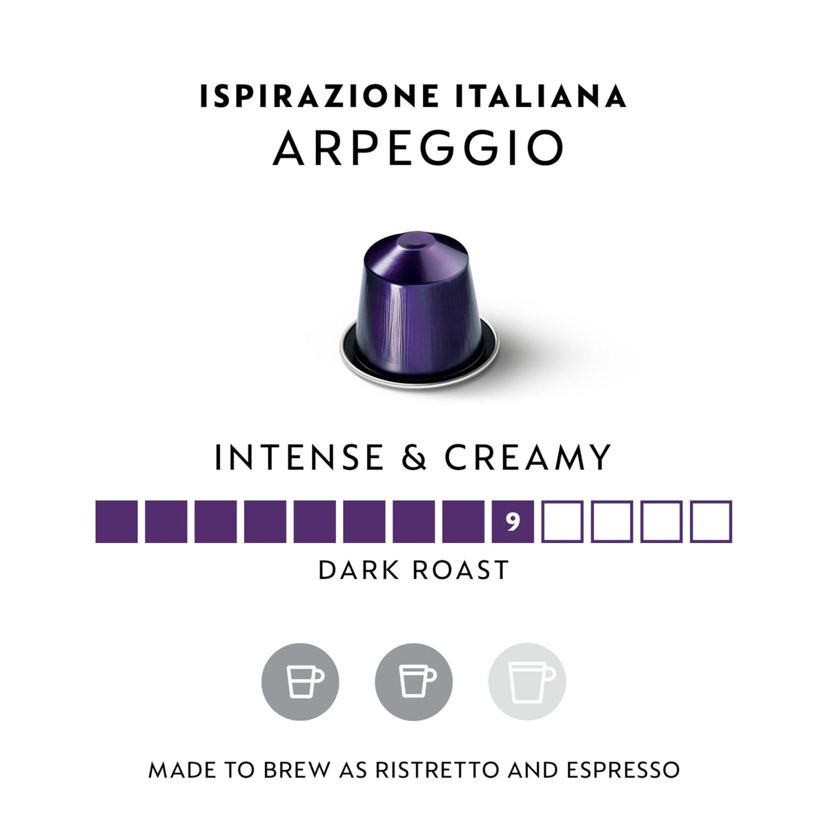 Nespresso Arpeggio OriginalLine capsules closeup, showcasing dense crema and bold roasty notes.