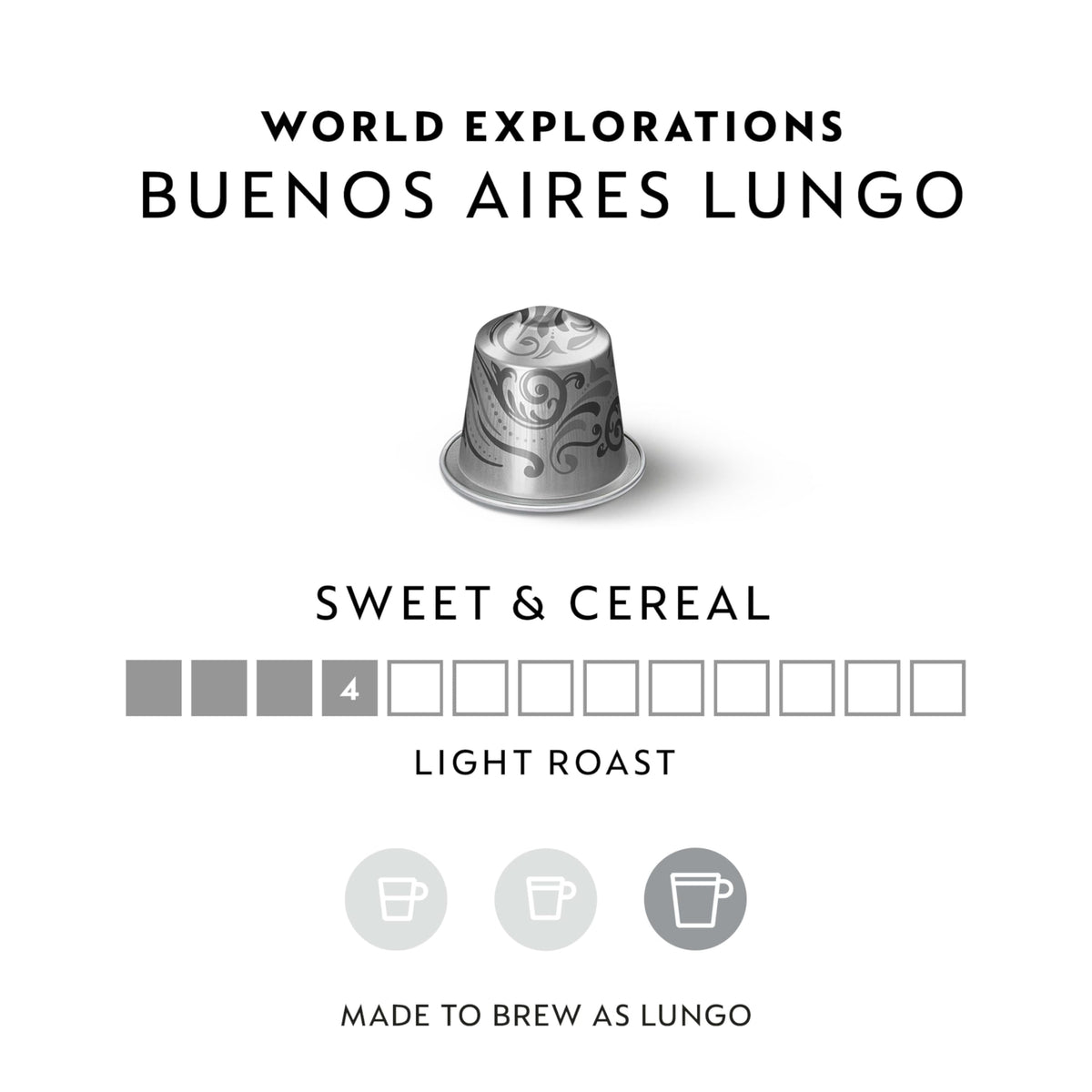 Nespresso Buenos Aires Lungo pods closeup highlighting light roast and cereal notes