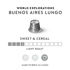 Nespresso Buenos Aires Lungo pods closeup highlighting light roast and cereal notes