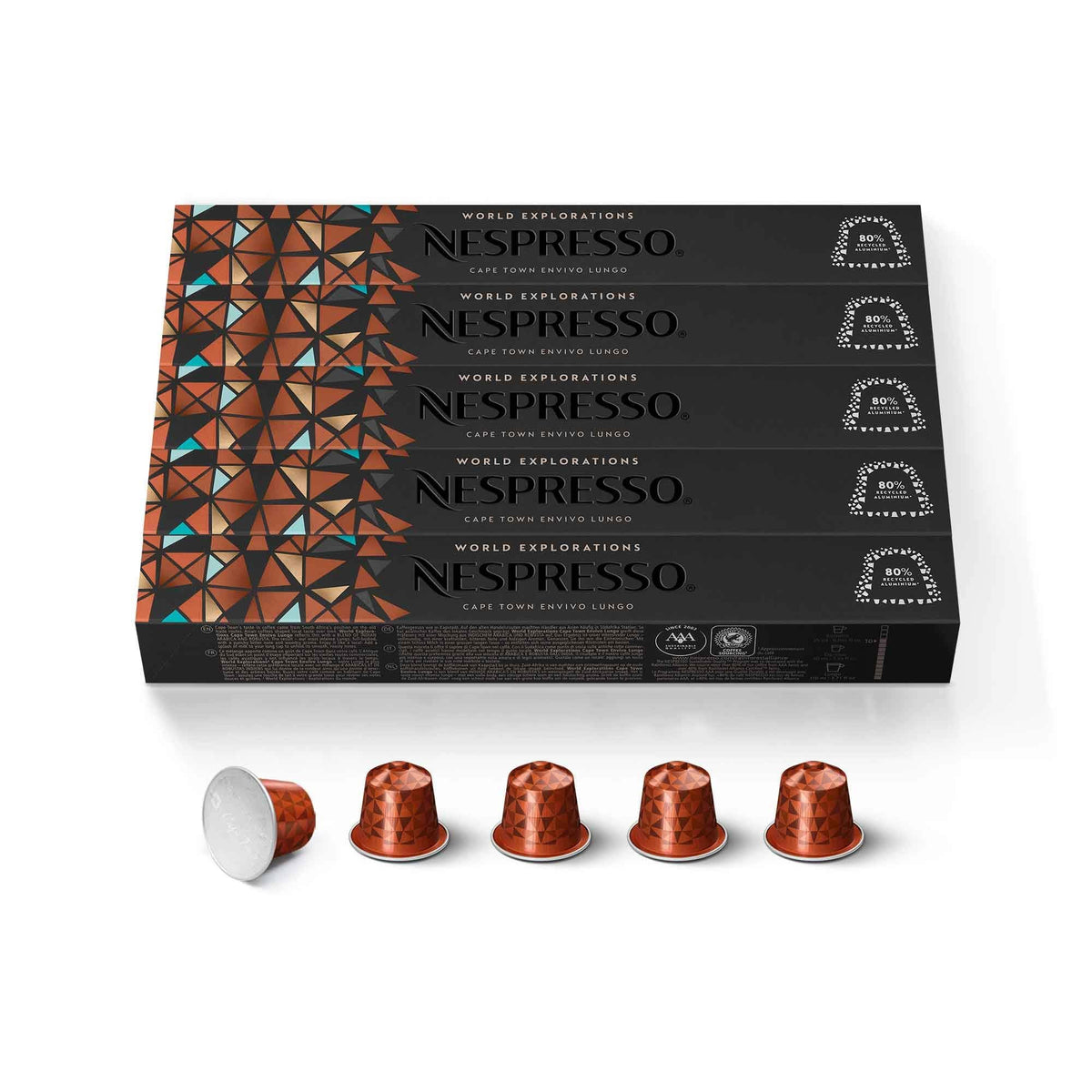 Nespresso Cape Town Envivo Lungo pack shot highlights bold body and roasted notes.