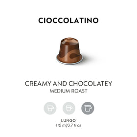 Nespresso Cioccolato capsules closeup highlighting chocolate aroma and smooth roast.