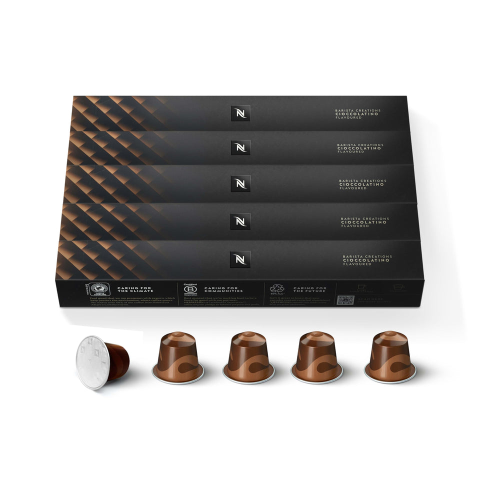 Nespresso Cioccolato Original pack shot showing 50-count coffee pods for rich espresso moments.