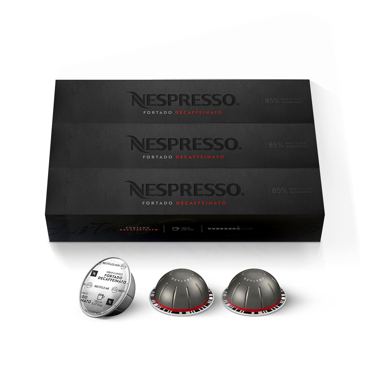 Nespresso Fortado Decaffeinato Gran Lungo pack shows bold decaf flavor in a single box.