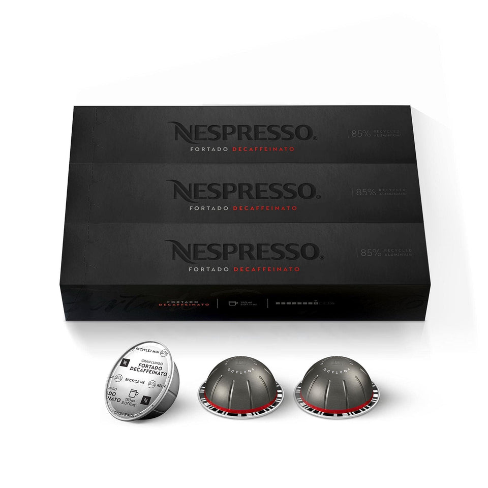 Nespresso Fortado Decaffeinato Gran Lungo pack shows bold decaf flavor in a single box.