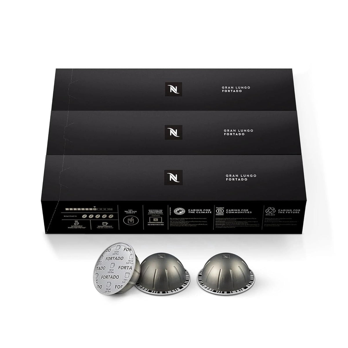 Nespresso Fortado Gran Lungo capsule ready for a bold espresso moment.