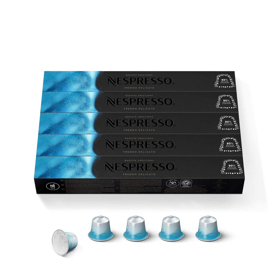 Nespresso Freddo Delicato capsules pack ready for refreshing iced coffee moments.