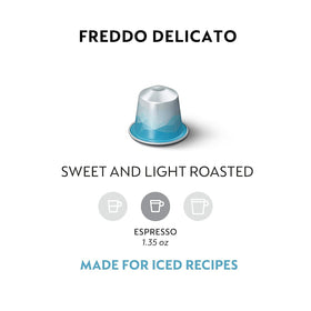 Nespresso Freddo Delicato coffee pod closeup highlighting rich roasted notes.