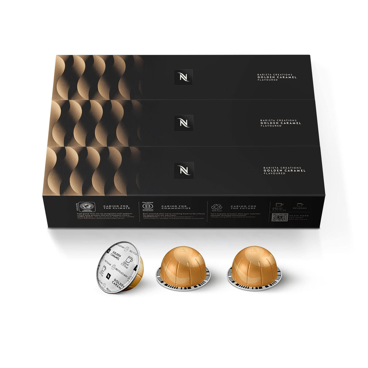 Nespresso Golden Caramel Vertuo pod close-up showcases rich caramel aroma for a flavorful start.
