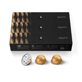 Nespresso Golden Caramel Vertuo pod close-up showcases rich caramel aroma for a flavorful start.