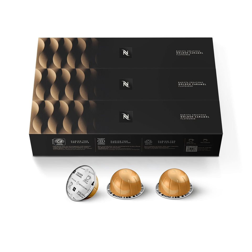 Nespresso Golden Caramel Vertuo pod close-up showcases rich caramel aroma for a flavorful start.