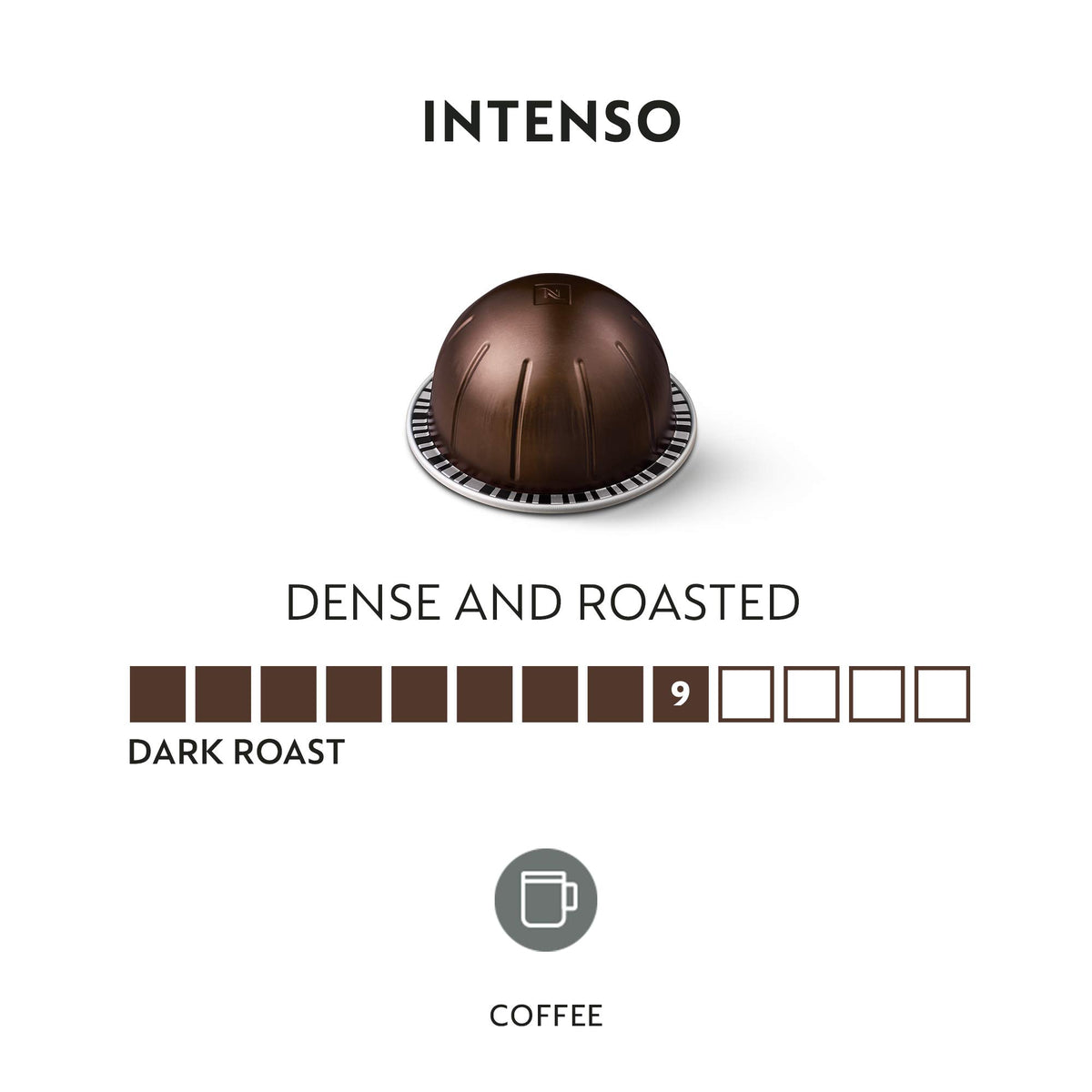 Intenso Vertuo dark roast capsule close-up highlighting deep roast aroma.