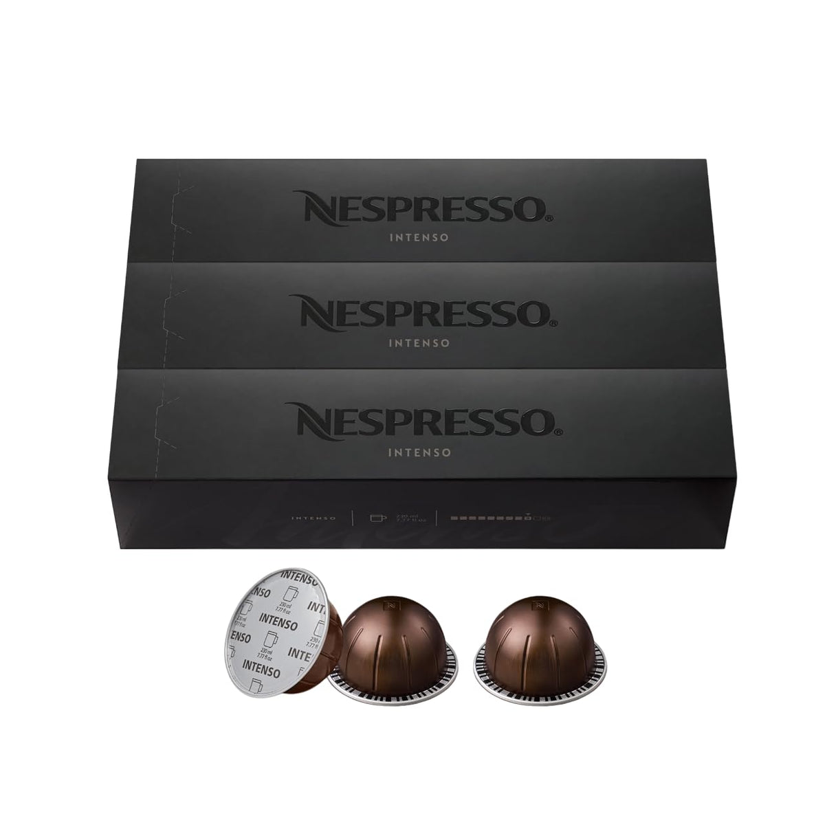 Nespresso Intenso Vertuo pod pack offers bold coffee in 30 capsules.