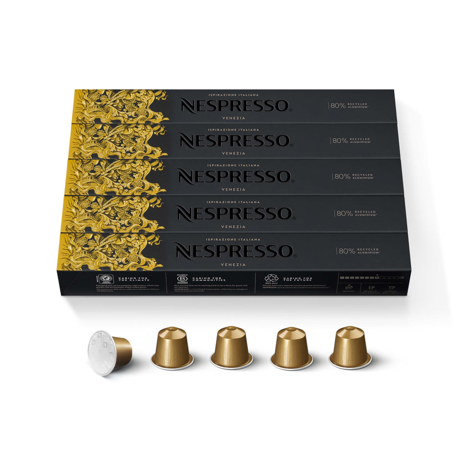 Nespresso Ispirazione Venezia capsules 50-count pack on shelf for convenient pantry storage.