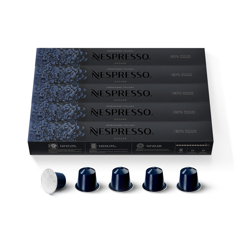 Nespresso Kazaar Intenso capsules pack ready for bold espresso mornings.