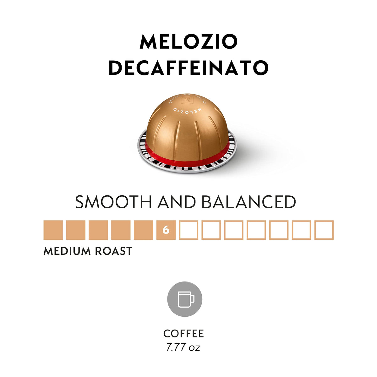 Close-up of Melozio Decaffeinated Vertuo capsules highlighting recyclable aluminum shells.