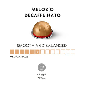 Close-up of Melozio Decaffeinated Vertuo capsules highlighting recyclable aluminum shells.