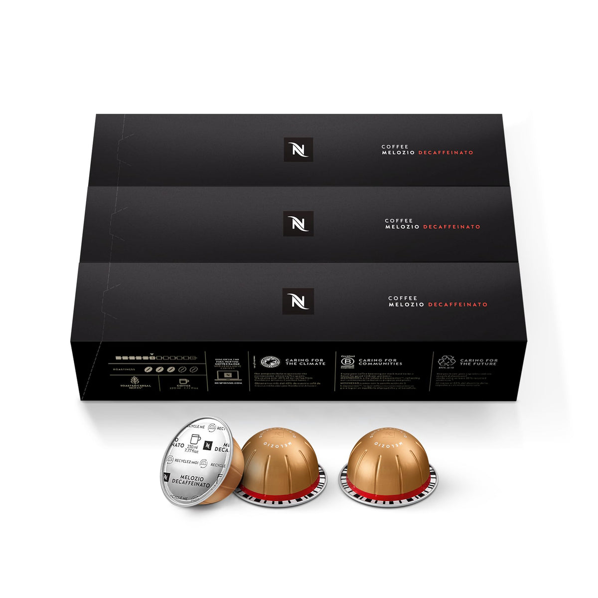 Nespresso Melozio Decaffeinated Vertuo pods pack for convenient decaf mornings.