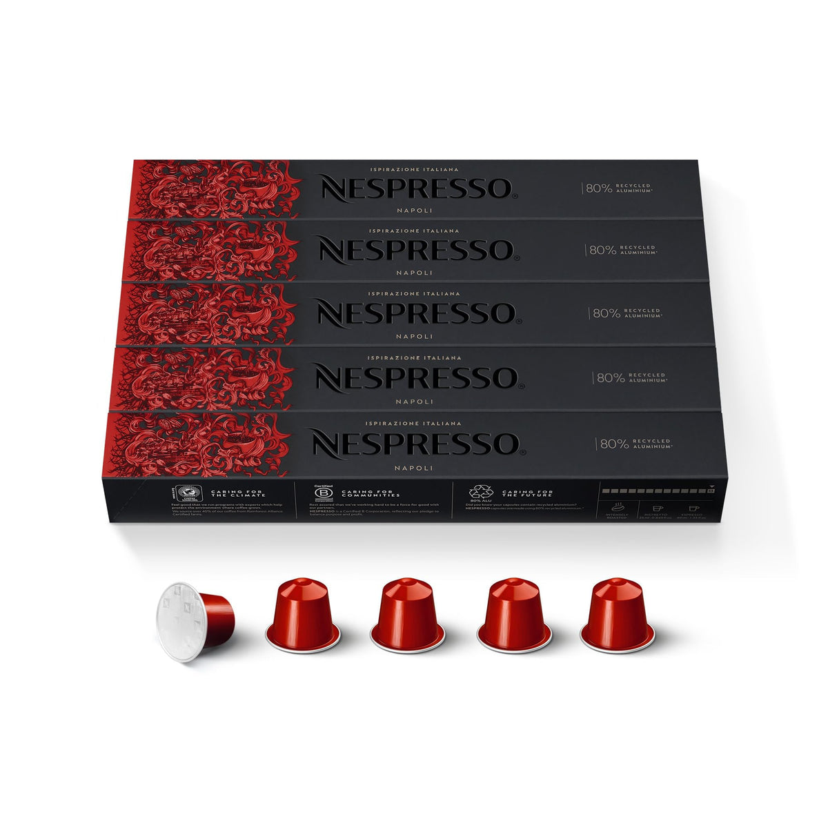 Nespresso Napoli box front showing 50 capsules for bold espresso