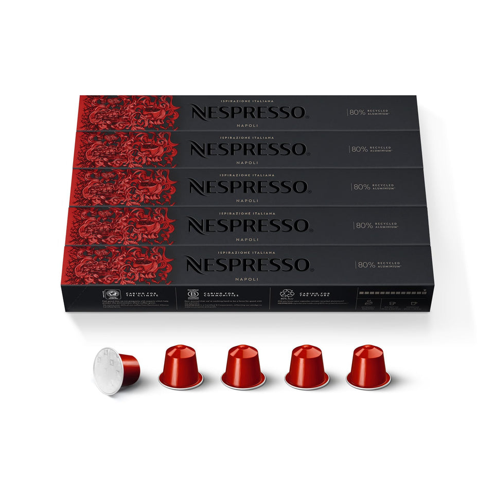 Nespresso Napoli box front showing 50 capsules for bold espresso