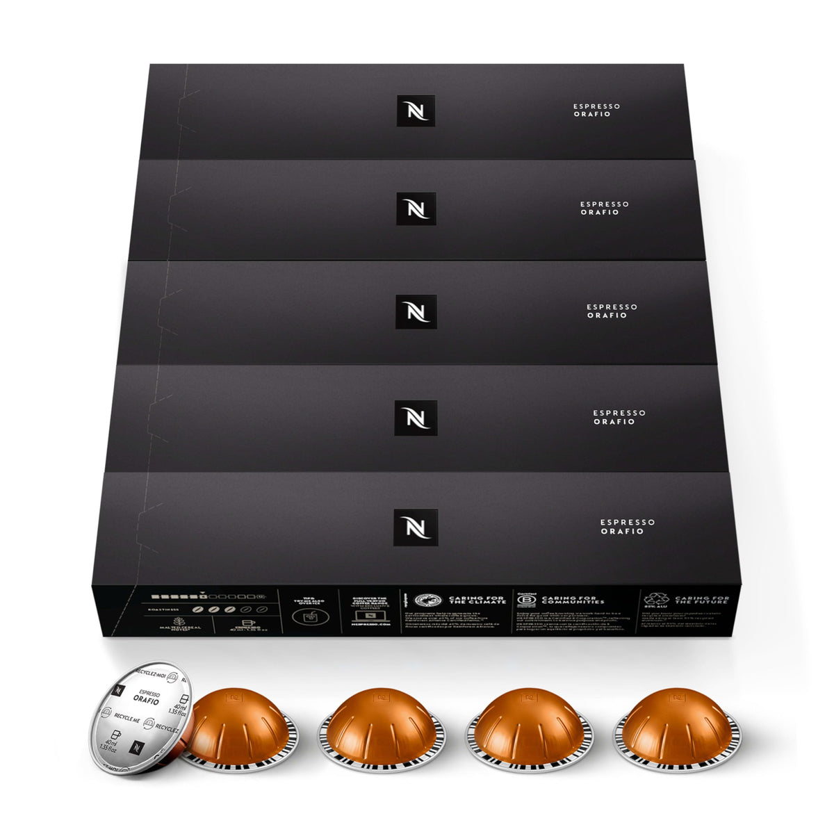 Nespresso Orafio Vertuo capsules pack highlighting balanced espresso flavor