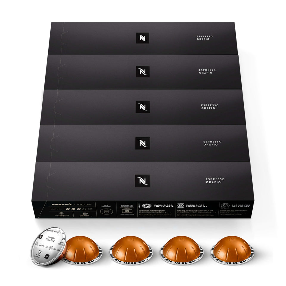 Nespresso Orafio Vertuo capsules pack highlighting balanced espresso flavor